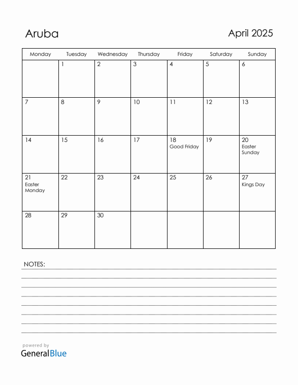 April 2025 Aruba Calendar with Holidays (Monday Start)