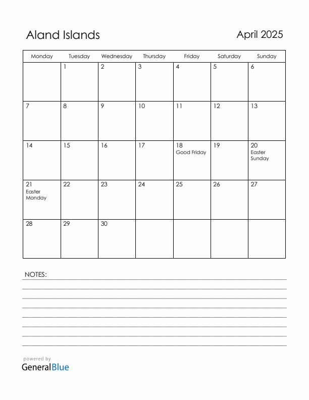 April 2025 Aland Islands Calendar with Holidays (Monday Start)