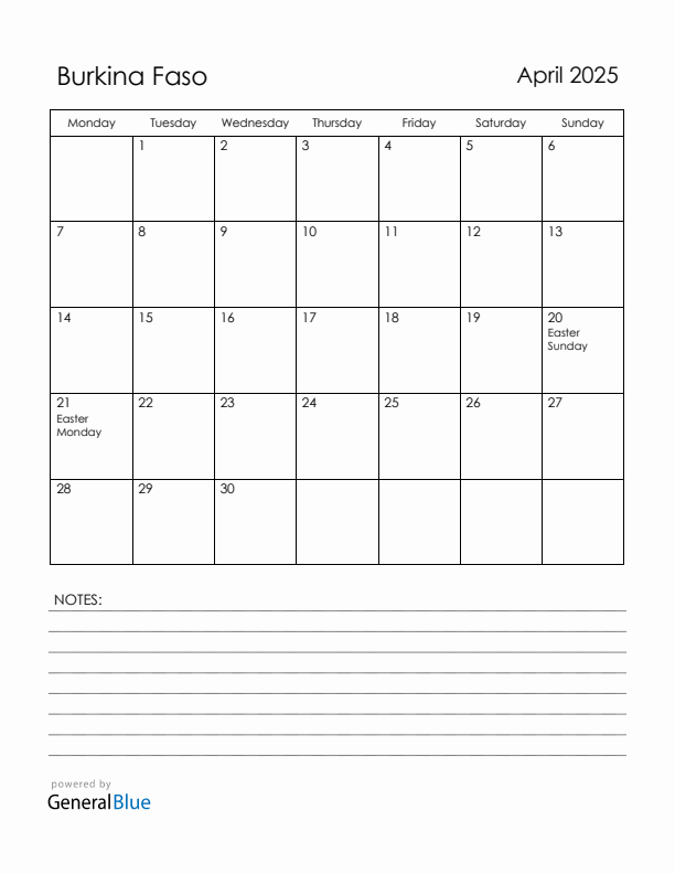 April 2025 Burkina Faso Calendar with Holidays (Monday Start)