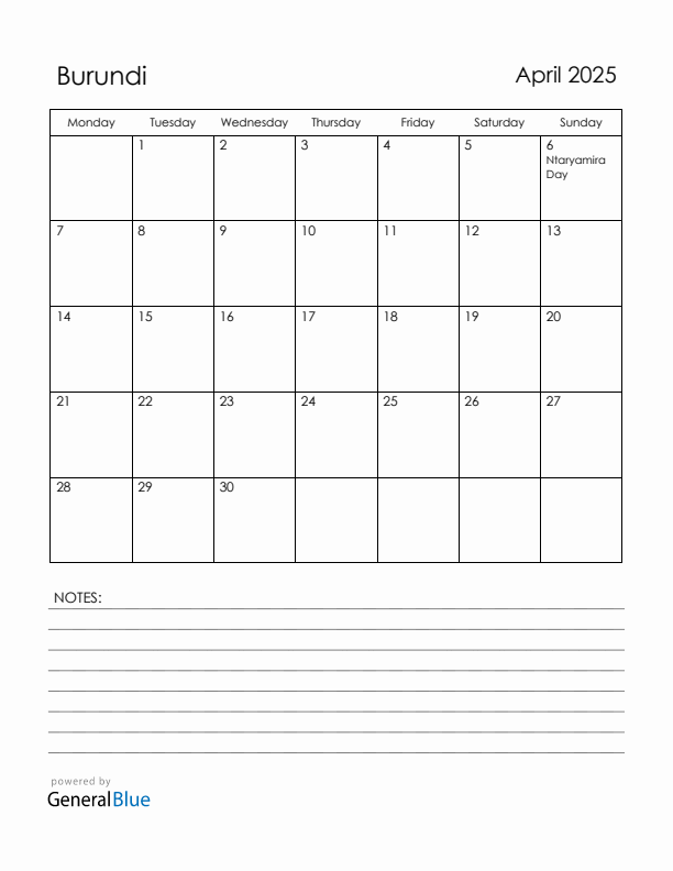 April 2025 Burundi Calendar with Holidays (Monday Start)