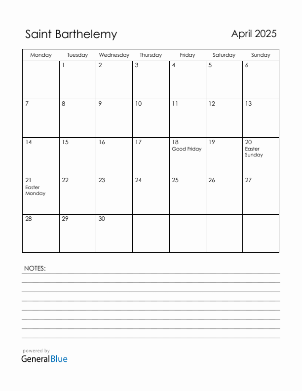 April 2025 Saint Barthelemy Calendar with Holidays (Monday Start)