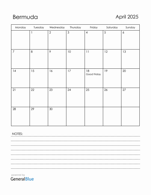 April 2025 Bermuda Calendar with Holidays (Monday Start)