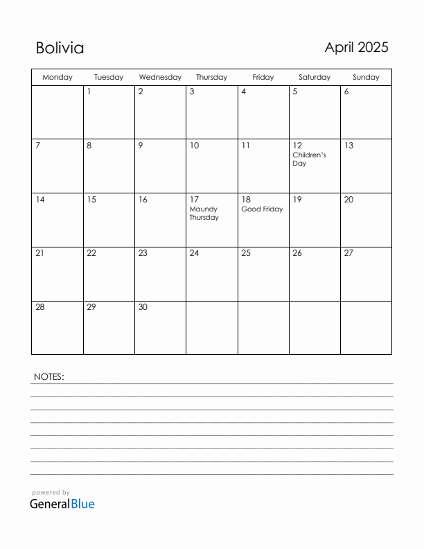 April 2025 Bolivia Calendar with Holidays (Monday Start)