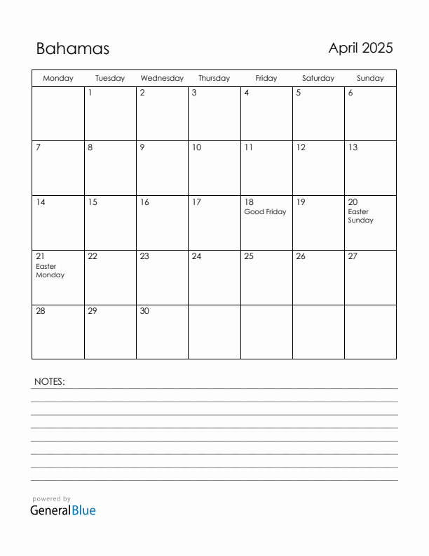 April 2025 Bahamas Calendar with Holidays (Monday Start)