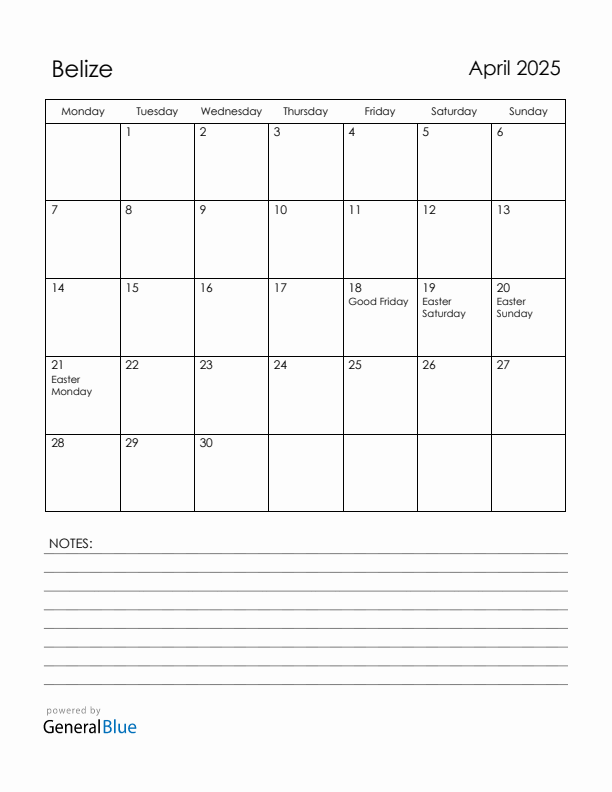 April 2025 Belize Calendar with Holidays (Monday Start)