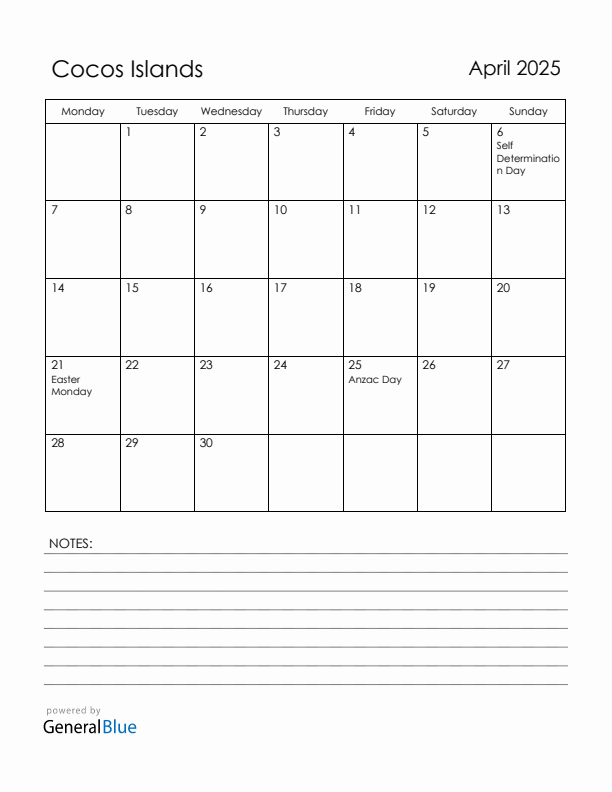 April 2025 Cocos Islands Calendar with Holidays (Monday Start)