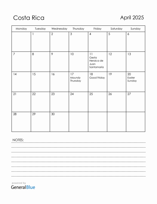 April 2025 Costa Rica Calendar with Holidays (Monday Start)