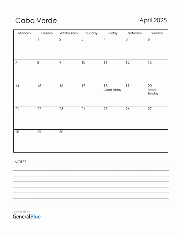 April 2025 Cabo Verde Calendar with Holidays (Monday Start)