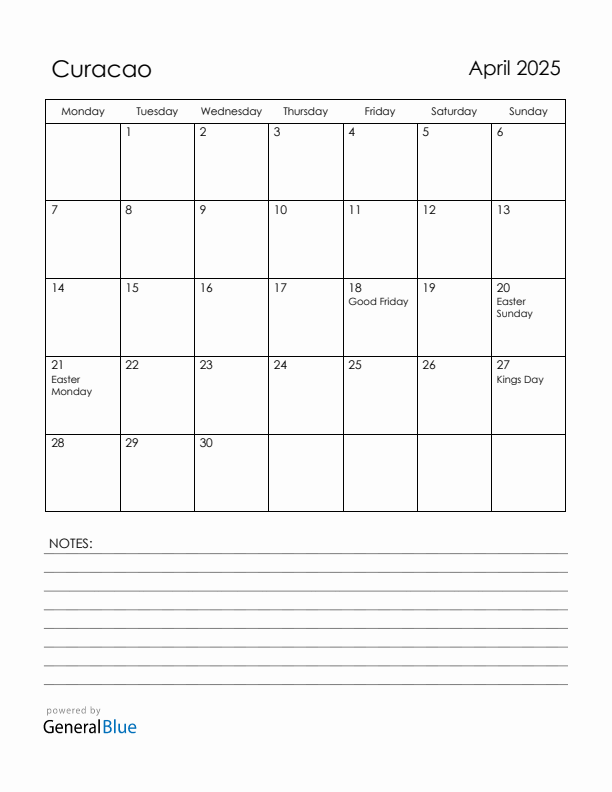 April 2025 Curacao Calendar with Holidays (Monday Start)