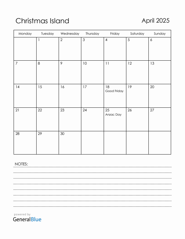 April 2025 Christmas Island Calendar with Holidays (Monday Start)