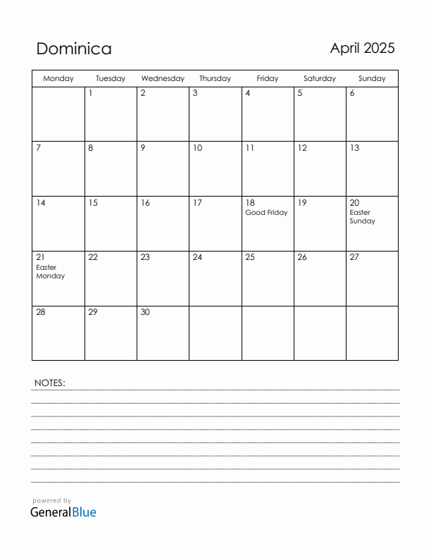 April 2025 Dominica Calendar with Holidays (Monday Start)