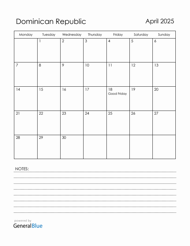April 2025 Dominican Republic Calendar with Holidays (Monday Start)