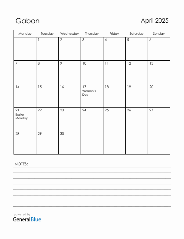 April 2025 Gabon Calendar with Holidays (Monday Start)