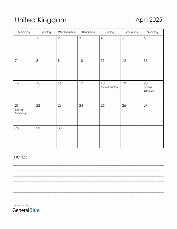 April 2025 United Kingdom Calendar with Holidays (Monday Start)