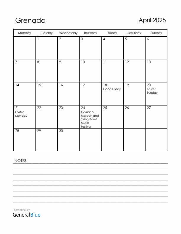April 2025 Grenada Calendar with Holidays (Monday Start)