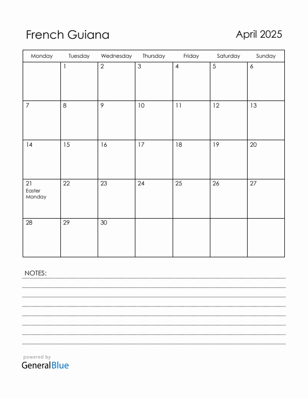 April 2025 French Guiana Calendar with Holidays (Monday Start)