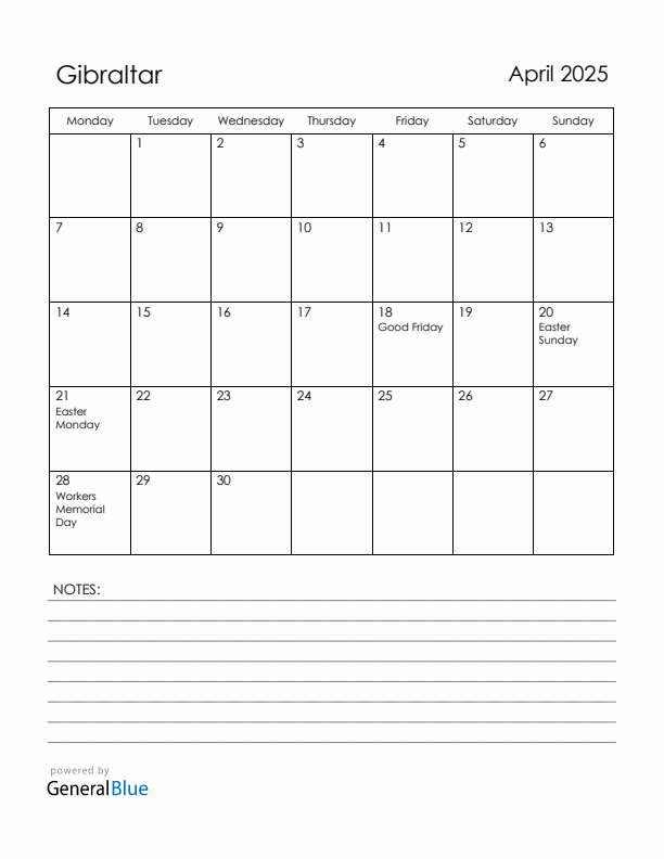 April 2025 Gibraltar Calendar with Holidays (Monday Start)
