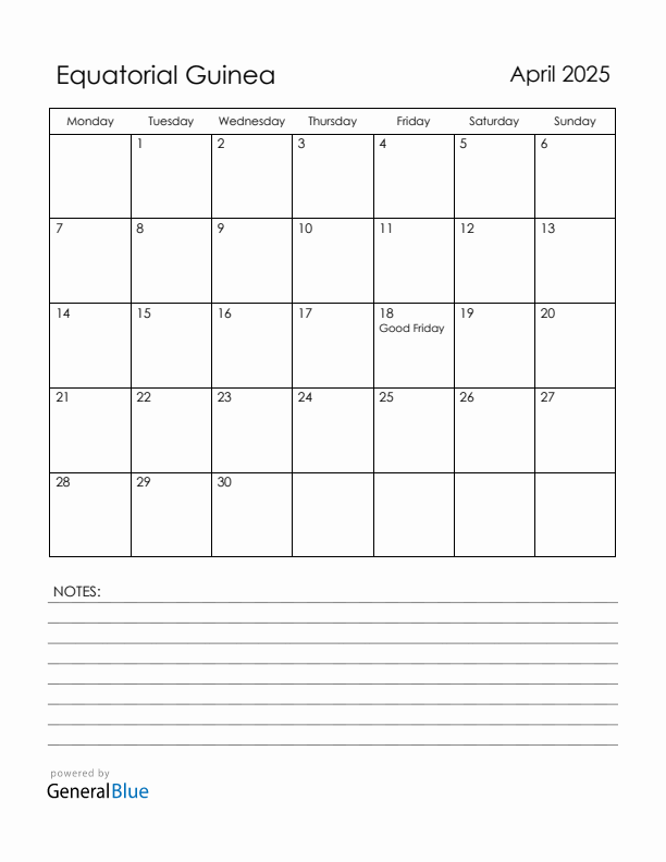 April 2025 Equatorial Guinea Calendar with Holidays (Monday Start)