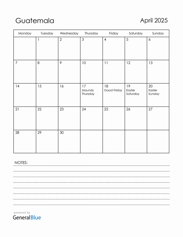 April 2025 Guatemala Calendar with Holidays (Monday Start)