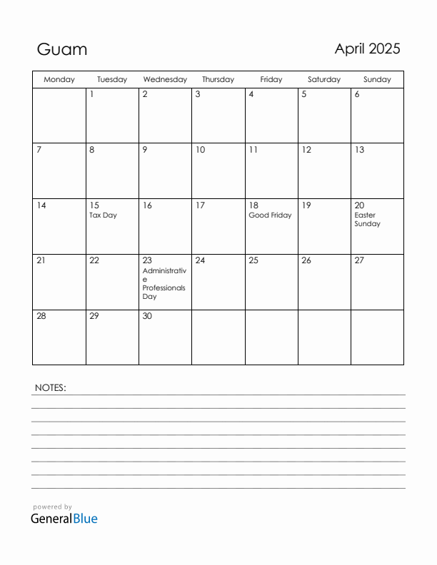 April 2025 Guam Calendar with Holidays (Monday Start)