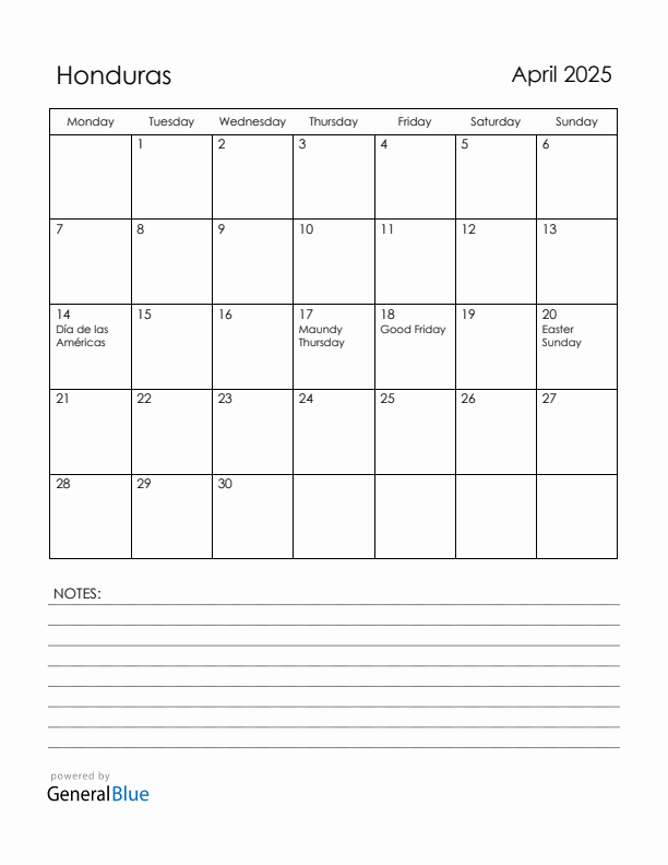 April 2025 Honduras Calendar with Holidays (Monday Start)