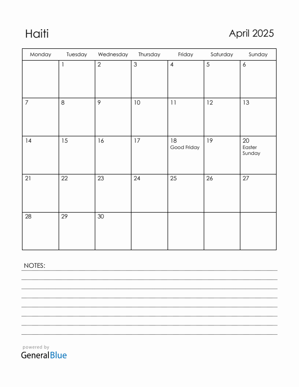 April 2025 Haiti Calendar with Holidays (Monday Start)