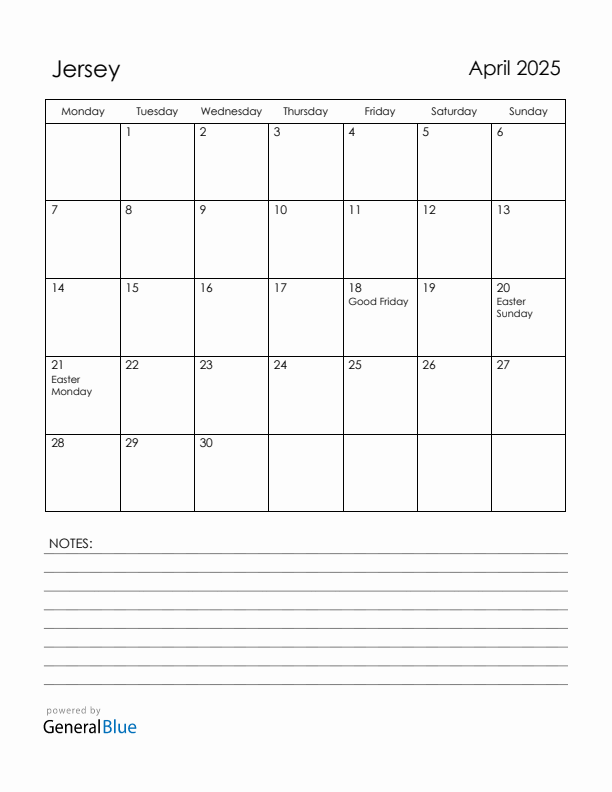 April 2025 Jersey Calendar with Holidays (Monday Start)