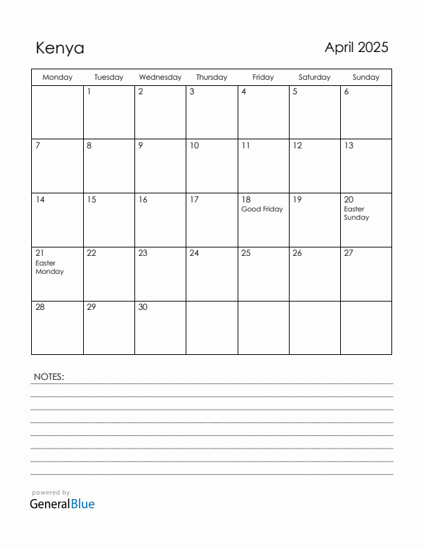 April 2025 Kenya Calendar with Holidays (Monday Start)