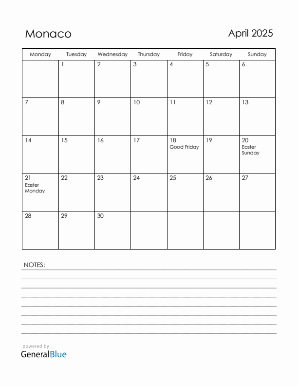 April 2025 Monaco Calendar with Holidays (Monday Start)