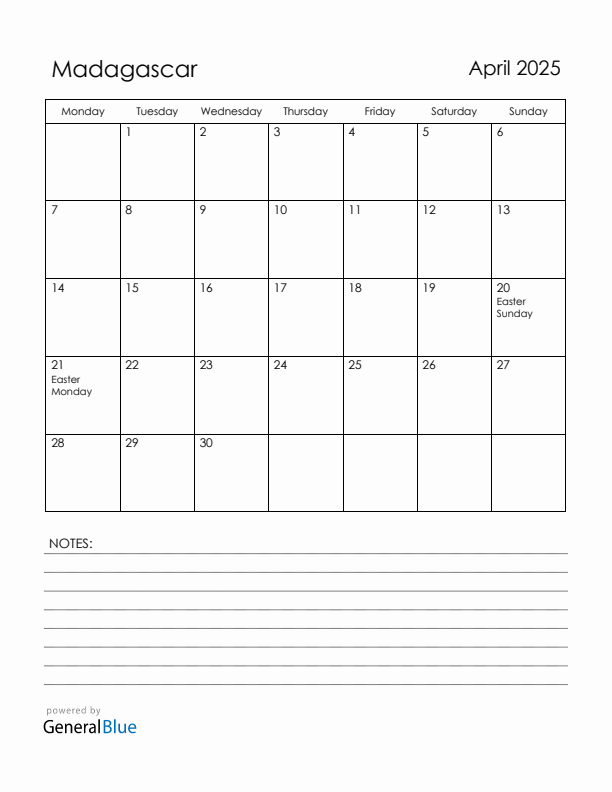 April 2025 Madagascar Calendar with Holidays (Monday Start)