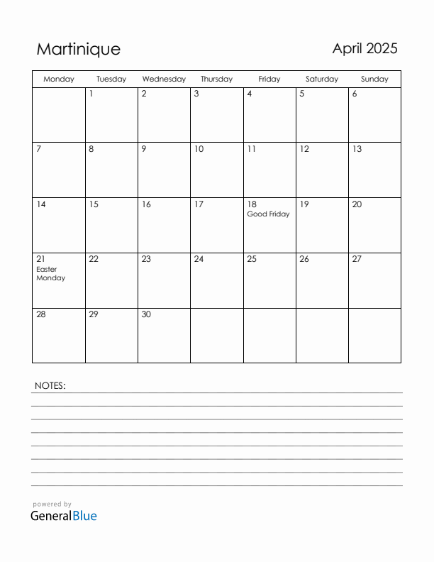 April 2025 Martinique Calendar with Holidays (Monday Start)