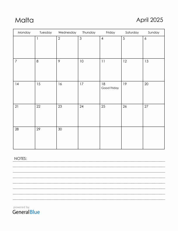 April 2025 Malta Calendar with Holidays (Monday Start)