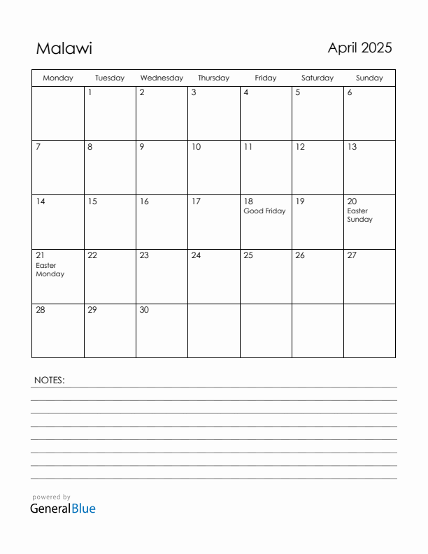 April 2025 Malawi Calendar with Holidays (Monday Start)