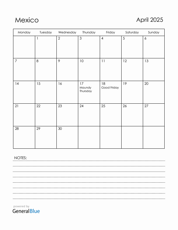 April 2025 Mexico Calendar with Holidays (Monday Start)