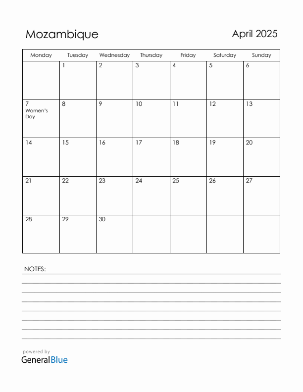 April 2025 Mozambique Calendar with Holidays (Monday Start)