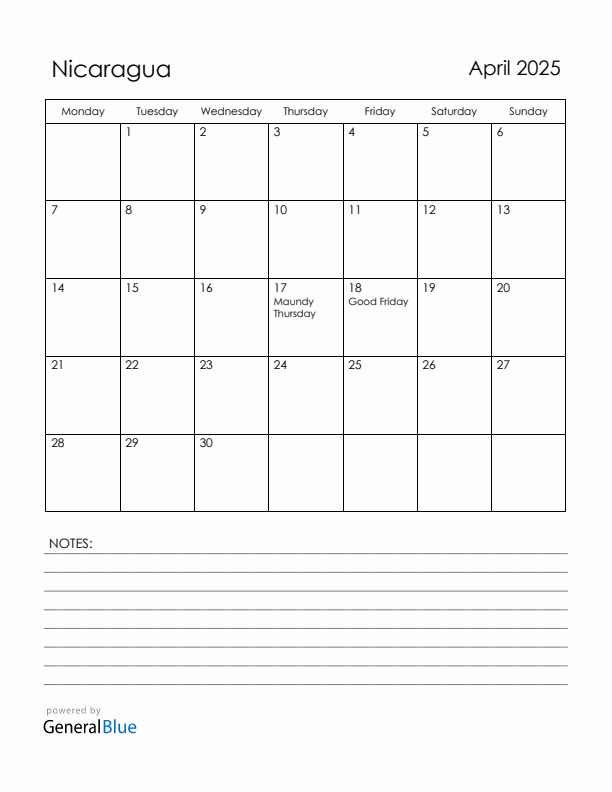 April 2025 Nicaragua Calendar with Holidays (Monday Start)