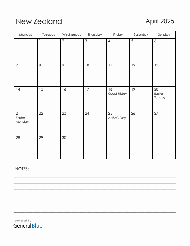 April 2025 New Zealand Calendar with Holidays (Monday Start)