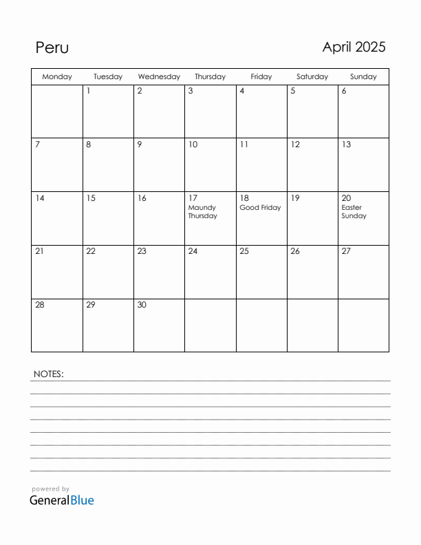 April 2025 Peru Calendar with Holidays (Monday Start)