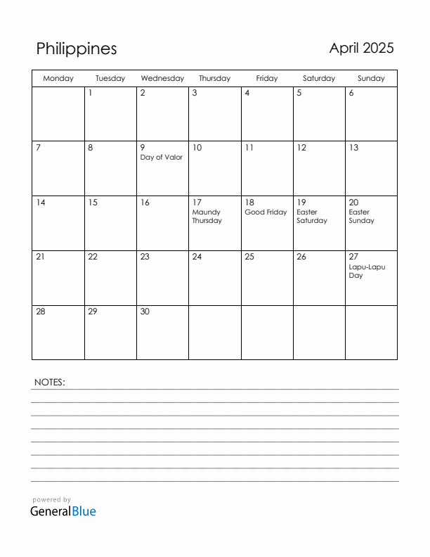 April 2025 Philippines Calendar with Holidays (Monday Start)