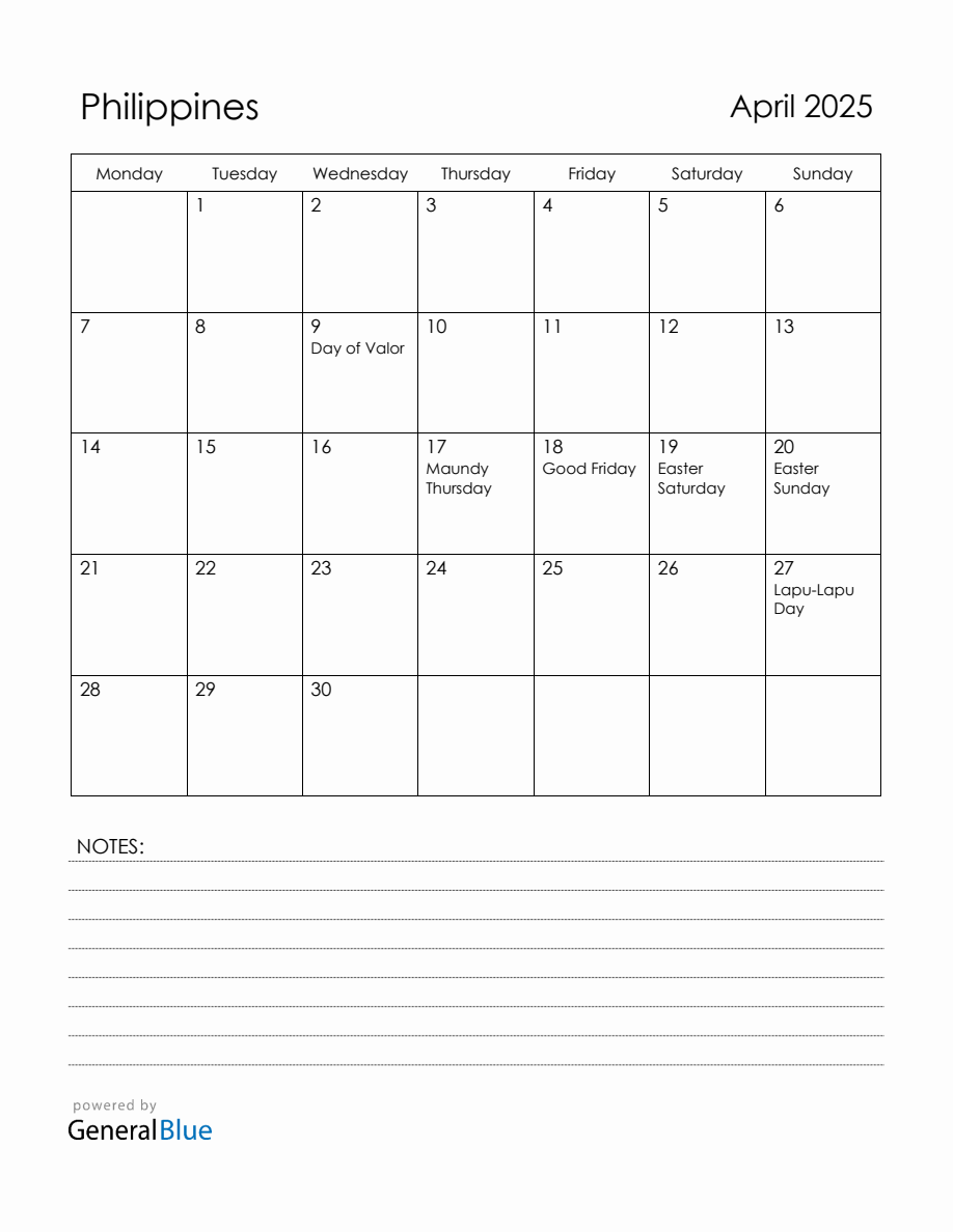 April 2025 Philippines Calendar with Holidays