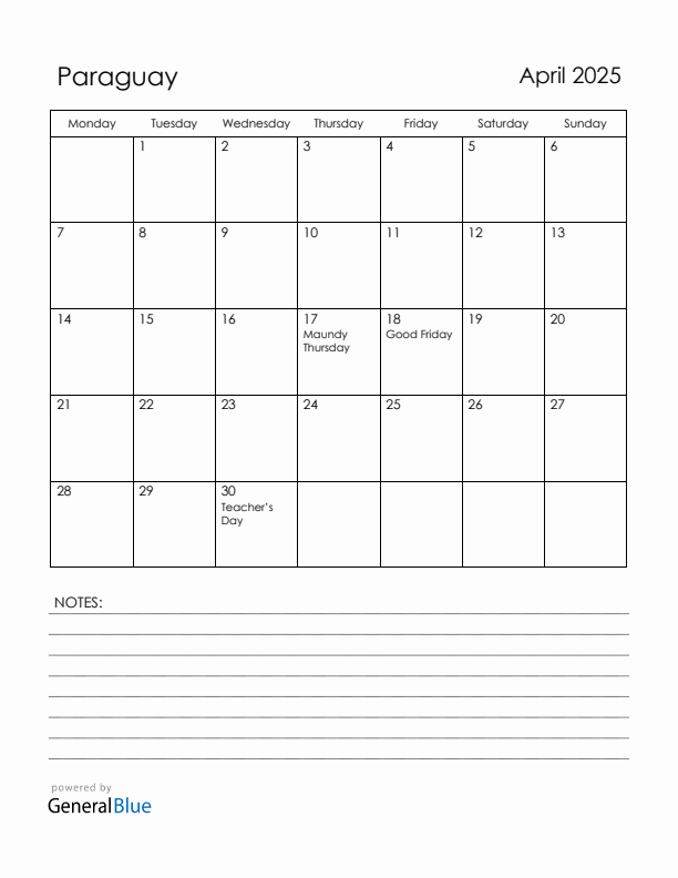 April 2025 Paraguay Calendar with Holidays (Monday Start)