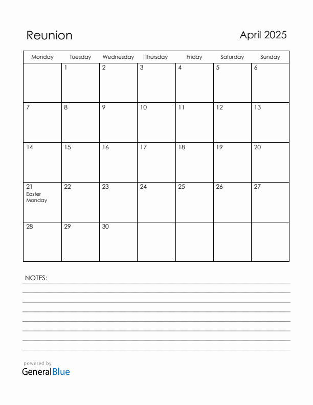 April 2025 Reunion Calendar with Holidays (Monday Start)