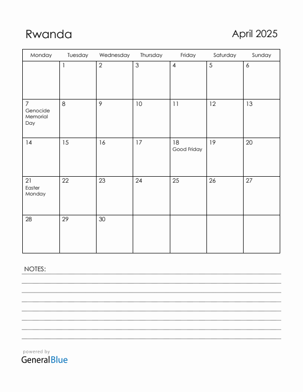 April 2025 Rwanda Calendar with Holidays (Monday Start)