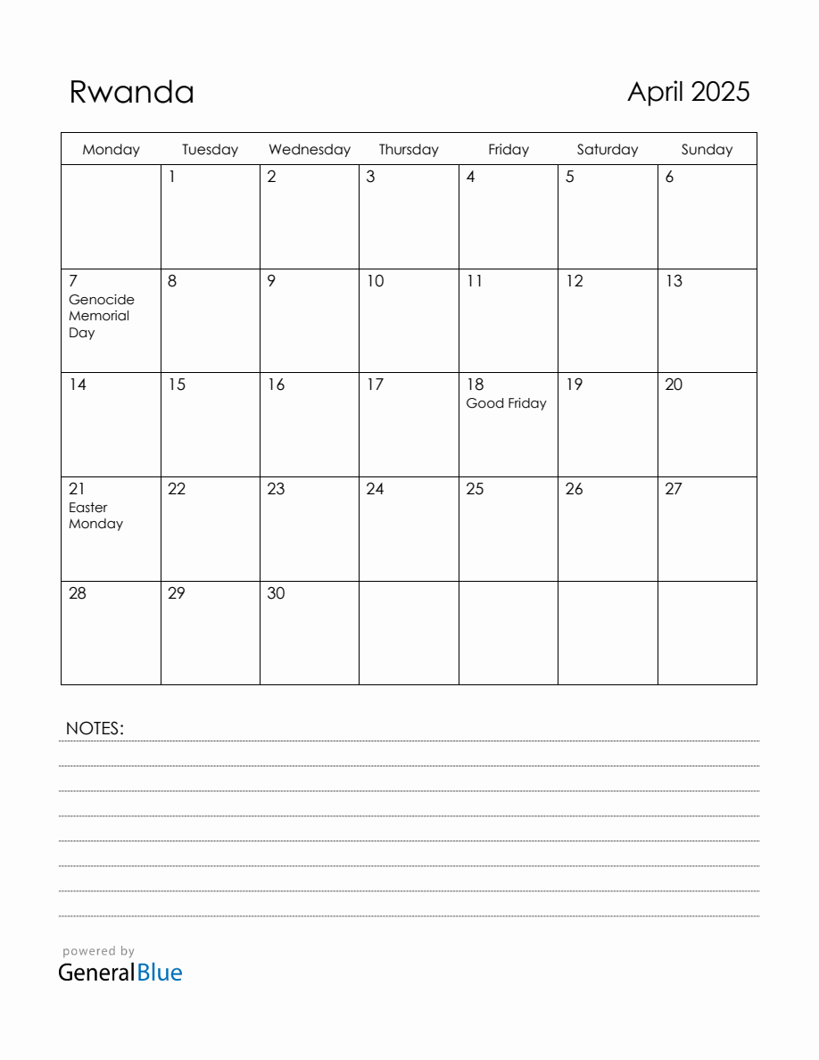 April 2025 Rwanda Calendar with Holidays