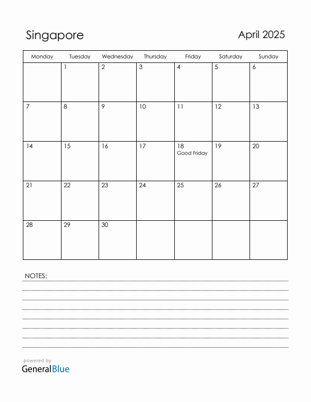 April 2025 Singapore Calendar with Holidays (Monday Start)