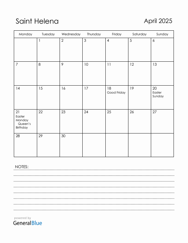 April 2025 Saint Helena Calendar with Holidays (Monday Start)