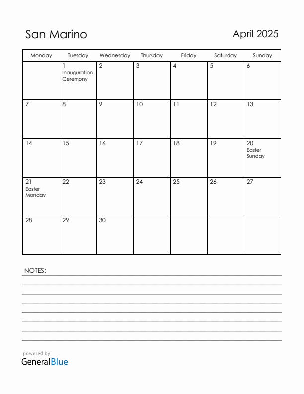 April 2025 San Marino Calendar with Holidays (Monday Start)