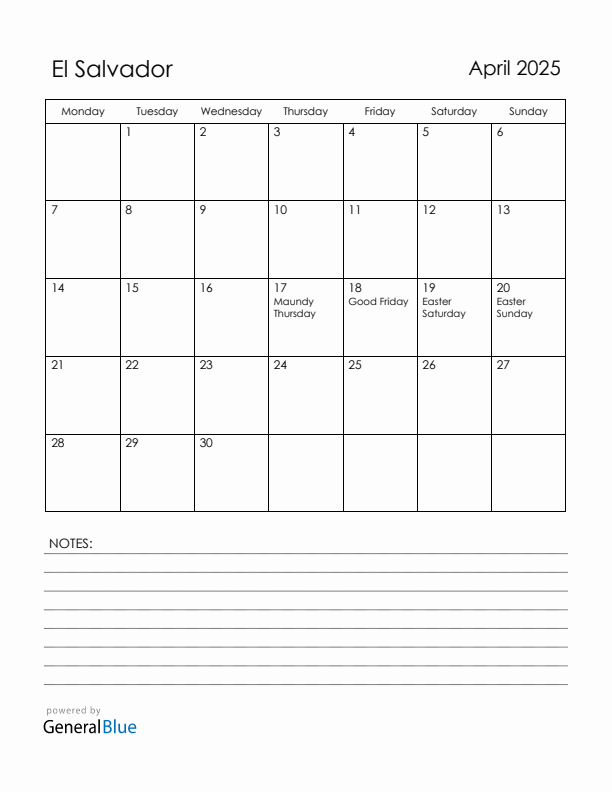 April 2025 El Salvador Calendar with Holidays (Monday Start)