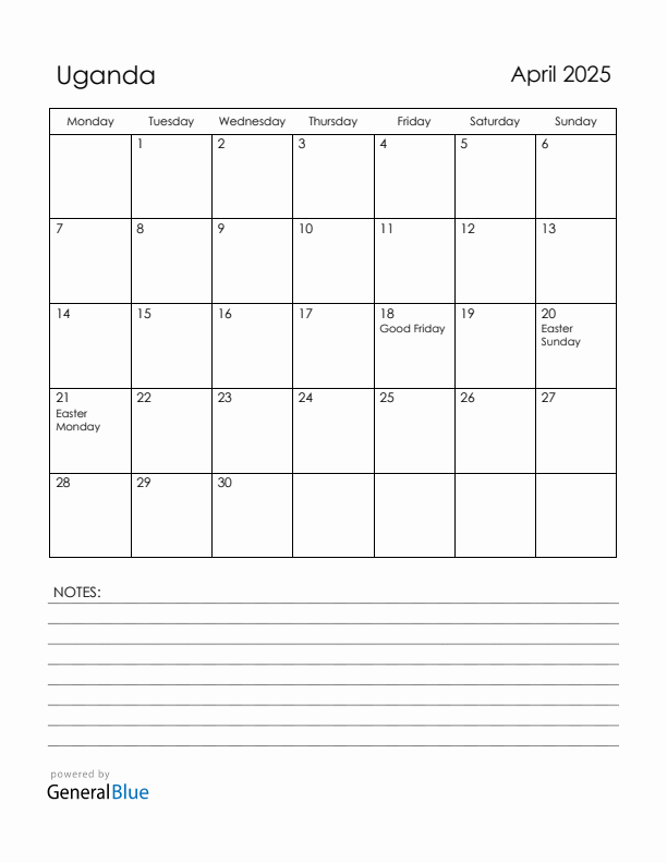 April 2025 Uganda Calendar with Holidays (Monday Start)