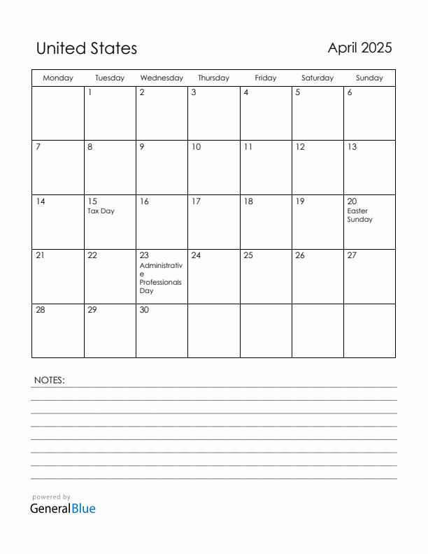 April 2025 United States Calendar with Holidays (Monday Start)